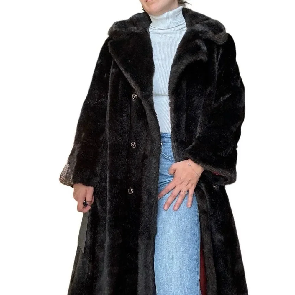 Vintage 70s Diamonte Faux Fur Coat Black Brown Mob Wife Size Medium Classic - Picture 7 of 10